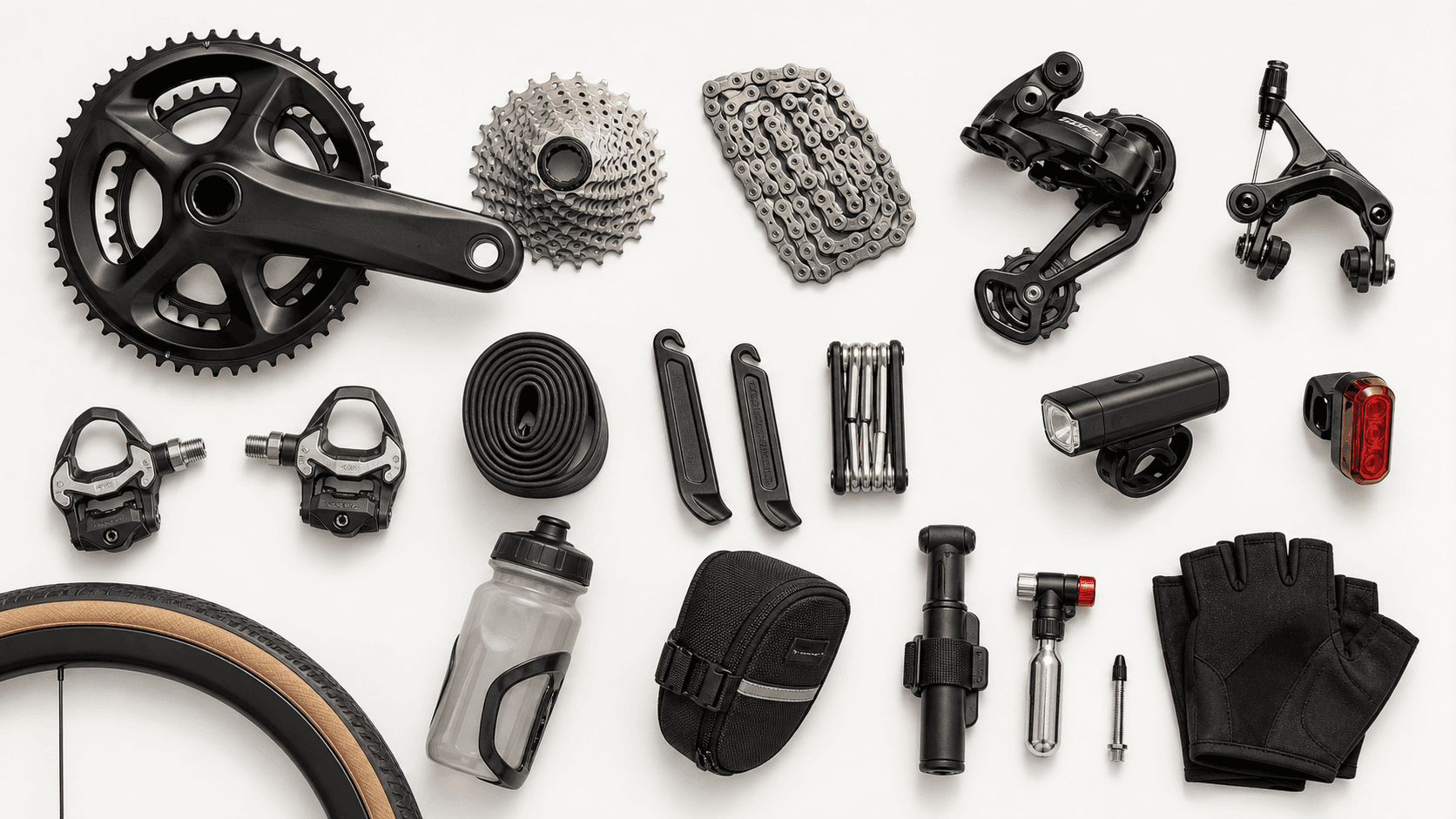 Cycling components, lights, computer, bottles, tools, and ride accessories